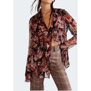 Free People Tilly Ruffle Front Blouse In Floral Print Long Sleeve Bohemian Large